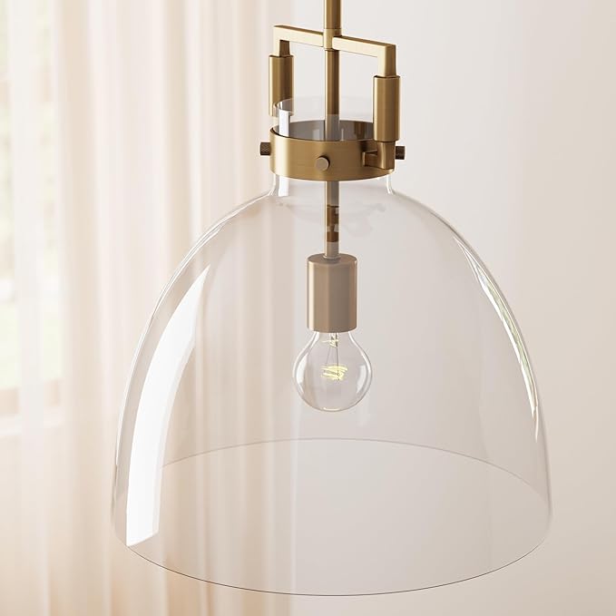 Nathan James Leigh Pendant Lighting, Hanging Ceiling Light with Oversized Glass Shade and Adjustable Cord, for Kitchen Island or Entryway, Vintage Brass/Clear