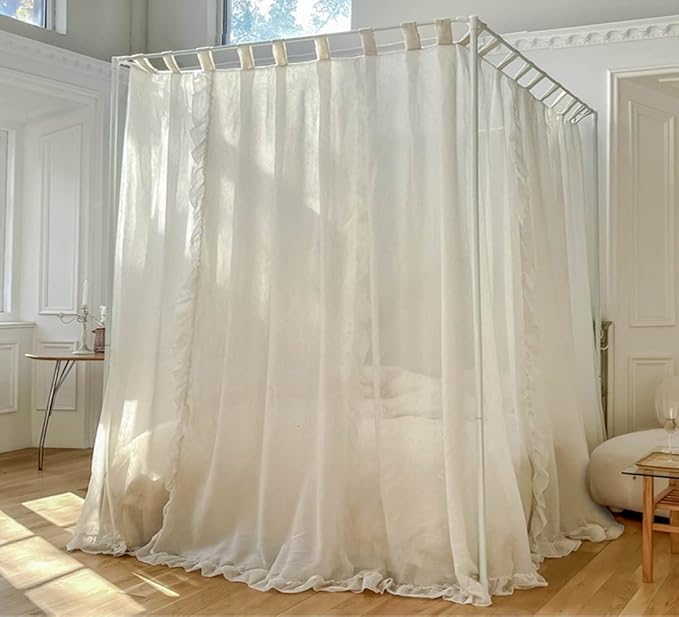 Mengersi Linen Canopy Bed Curtains,Bed Canopy Curtains 4 Corner Bed Drapes Sheer Curtains for Bedroom Decor (Ivory, Queen)