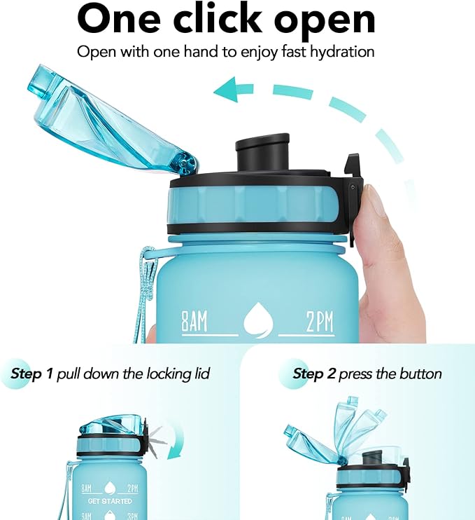 32oz Motivational Water Bottle with Time Marker & Fruit Strainer, Leak-proof BPA Free Non-Toxic 1l Bottle with Carrying Strap, Perfect for Fitness, Gym and Outdoor Sports (Ombre: Blue Waves)