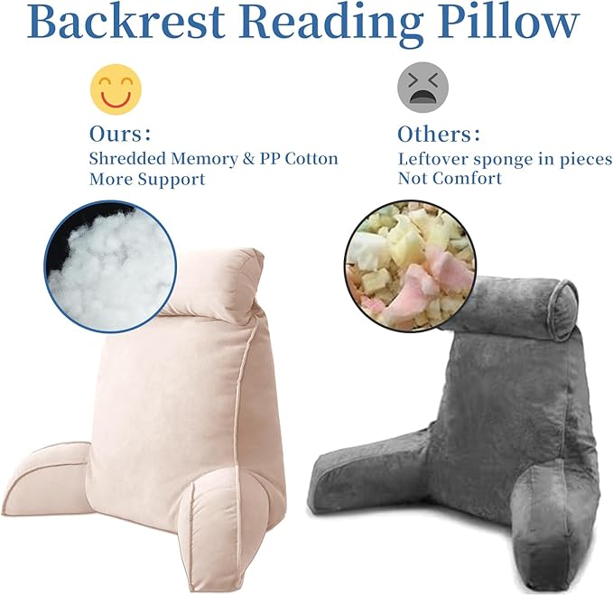 Reading Pillow for Bed Adult Size, Back Pillow for Sitting in Bed, Shredded Memory Foam Bed Chair Pillow with Arms, Pockets, Washable Cover (Pink, Large)