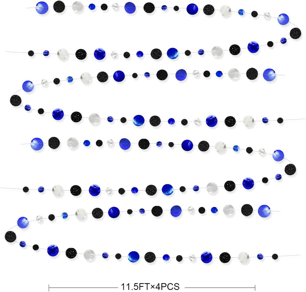 46Ft Navy Blue Black Silver Circle Dots Garland Royal Blue Black Polka Dots Streamer for Birthday Graduations Wedding Bridal Baby Shower Nautical Ahoy Achor Pirate Theme Party Decorations Supplies