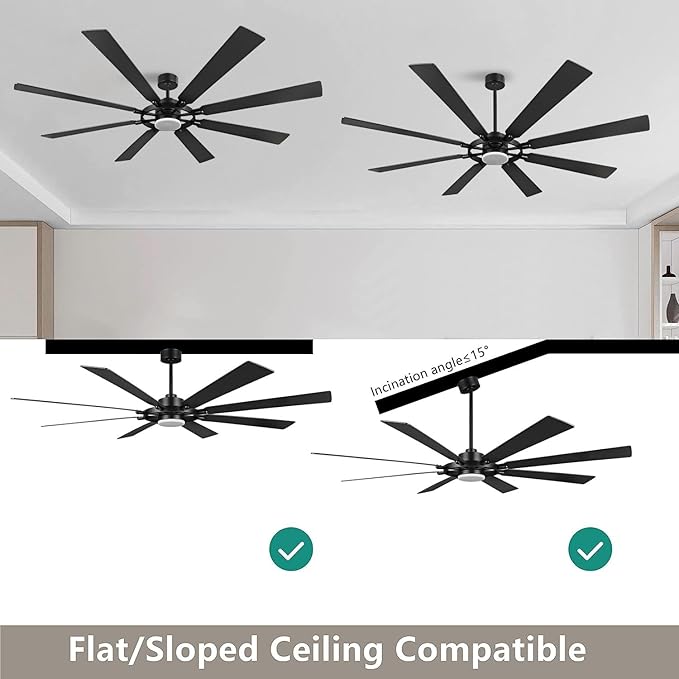 72" Ceiling Fan with Lights and Remote Control, Wood 8 Blades 6-Speed Noiseless Reversible DC Motor, 3 Downrods, Modern Large Ceiling fan for Covered Patio Bedroom Dining Living Room, Black
