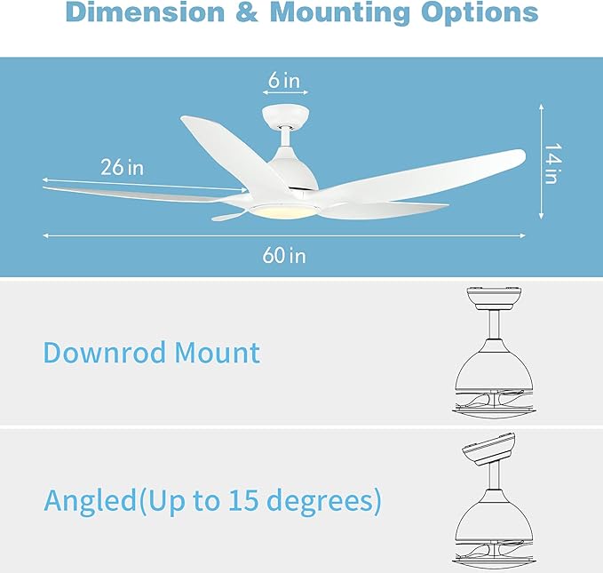 Newday 60" White Ceiling Fans with Light and Remote, Modern, Noiseless Reversible DC Motor, Large Indoor, Kitchen, Bedroom, Living Room