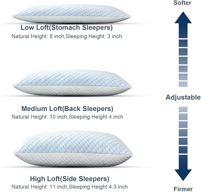 Uniqwamer Cooling Bed Pillows for Sleeping 2 Pack Shredded Memory Foam Adjustable Pillows Queen Size Set of 2 for Side Back Sleepers - Luxury Extra Comfy Gel Pillows with Washable Removable Cover