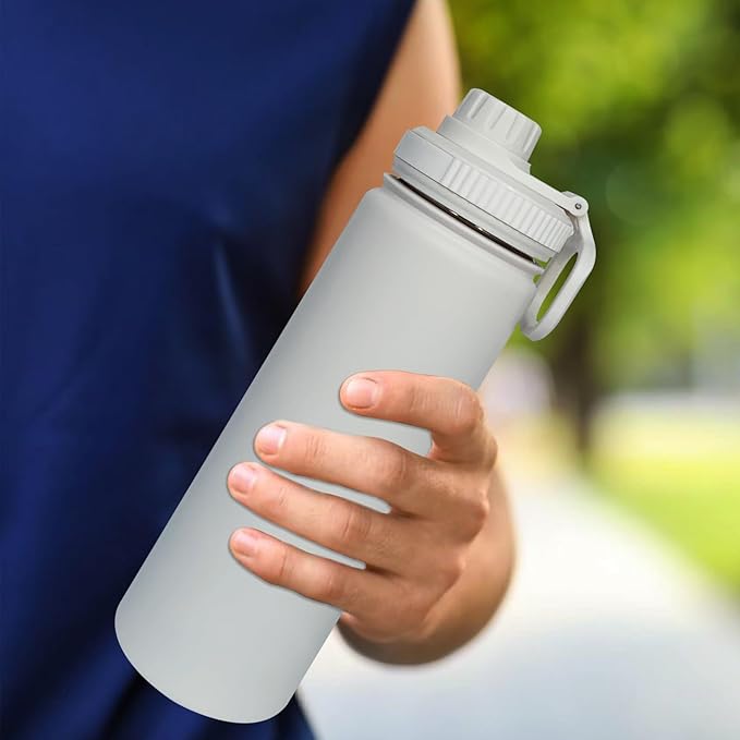 22oz Insulated Water Bottle ，Stainless Steel Sports Water Cup Flask with 2 Lids, Wide Mouth Travel Thermal Mug,Outdoor Sports Bottle（white）