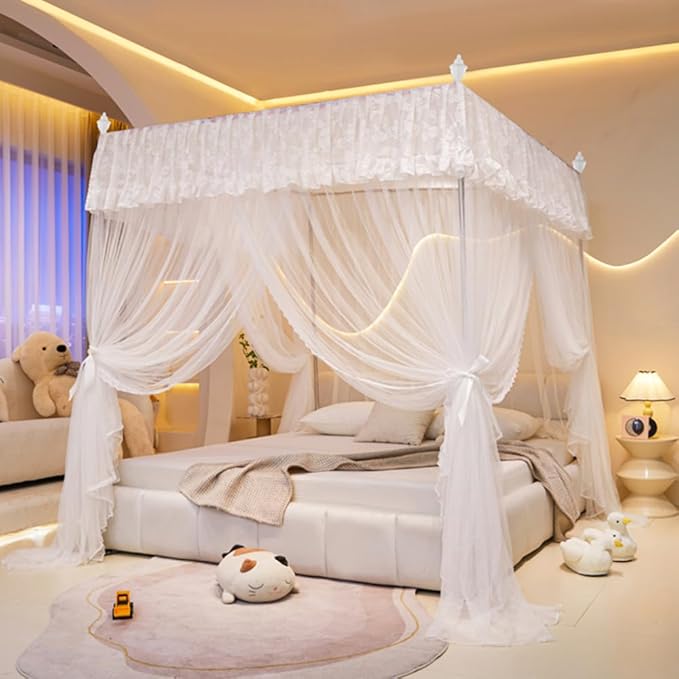 Mengersi Canopy Bed Curtains Bed Canopy,Canopy for Bed Curtains-Cozy Drape Netting,Princess Bed Drapes for Girls Adults Bedroom Decoration(Queen,White)