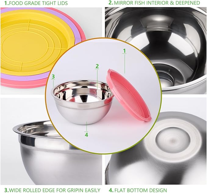 Mixing Bowls with Lids for Kitchen - 26 PCS Stainless Steel Nesting Colorful Mixing Bowls Set for Baking,Mixing,Serving & Prepping,Size 5, 3.7, 2.8, 2.3, 1.7, 1.1, 0.7QT,12 Cooking Utensils