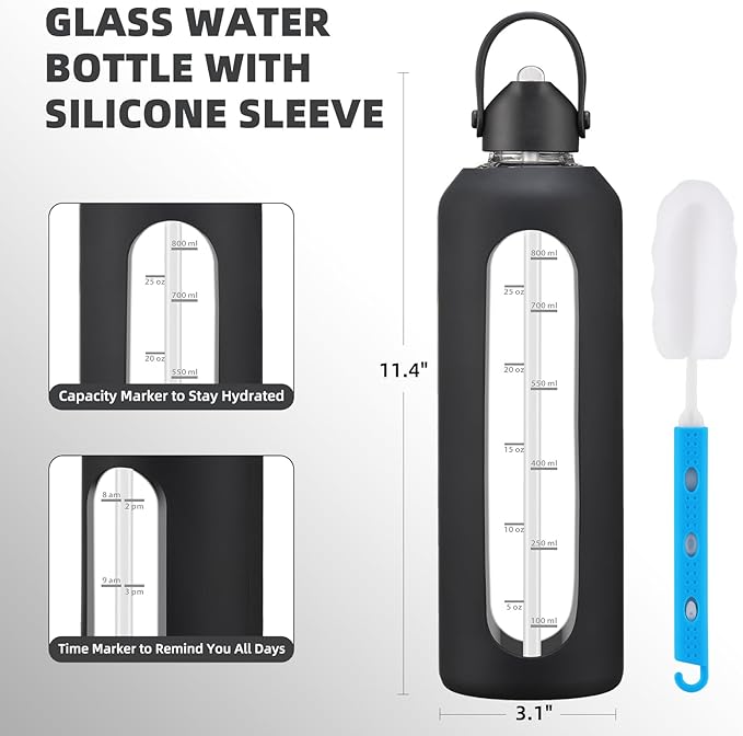 32 oz Glass Water Bottles with Straw Borosilicate Glass Water Bottle with Time Marker Motivational Water Bottles with Silicone Sleeve Leak Proof Reusable BPA Free