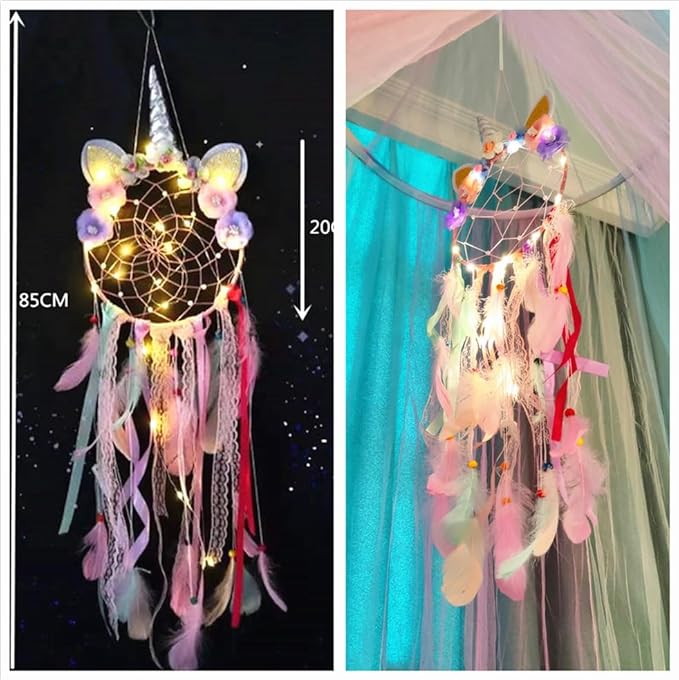 Eimilaly Princess Rainbow Bed Canopy with Unicorn Dream Catcher | Lights, Bed Canopy for Girls Room Decor or Unicorn Theme Party