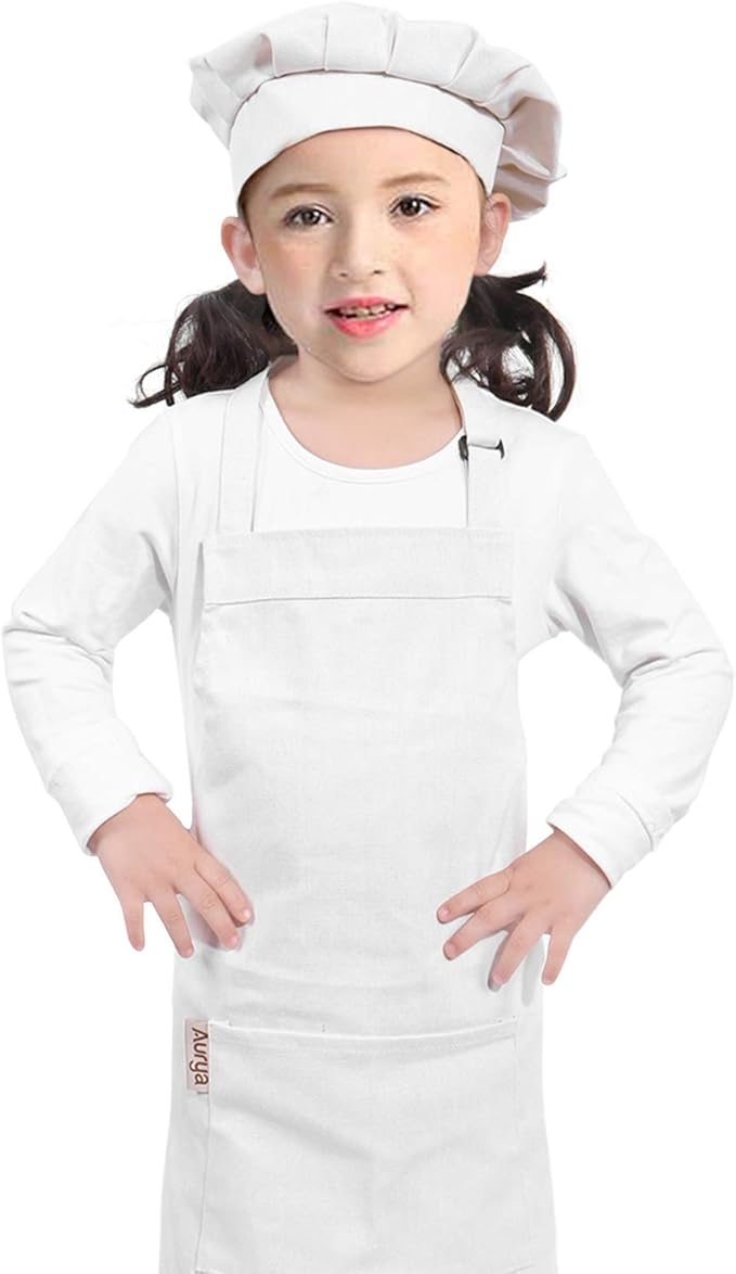 Kids Apron and Chef Hat Set-Adjustable Child Apron for Boys and Girls for Cooking Baking Off-white