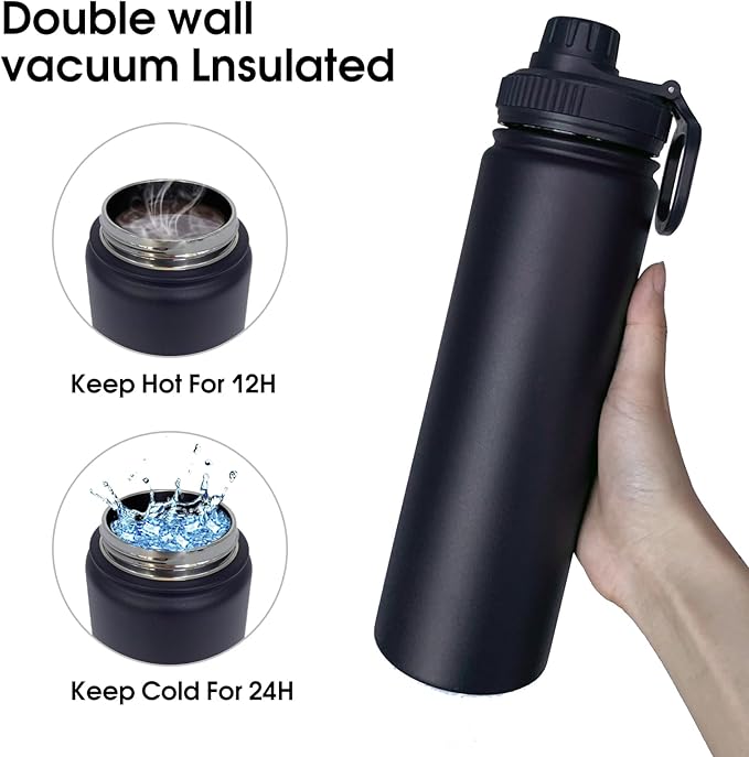 22oz Insulated Water Bottle ，Stainless Steel Sports Water Cup Flask with 2 Lids, Wide Mouth Travel Thermal Mug,Outdoor Sports Bottle（Blue Black）