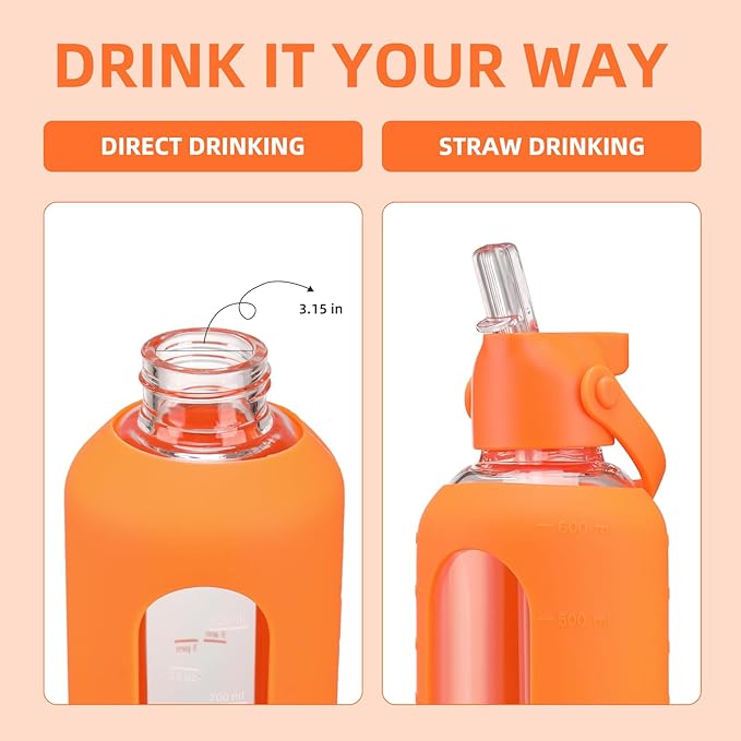 20 oz Glass Water Bottles with Straw Borosilicate Glass Water Bottle with Time Marker Motivational Water Bottles with Silicone Sleeve Leak Proof Reusable BPA Free