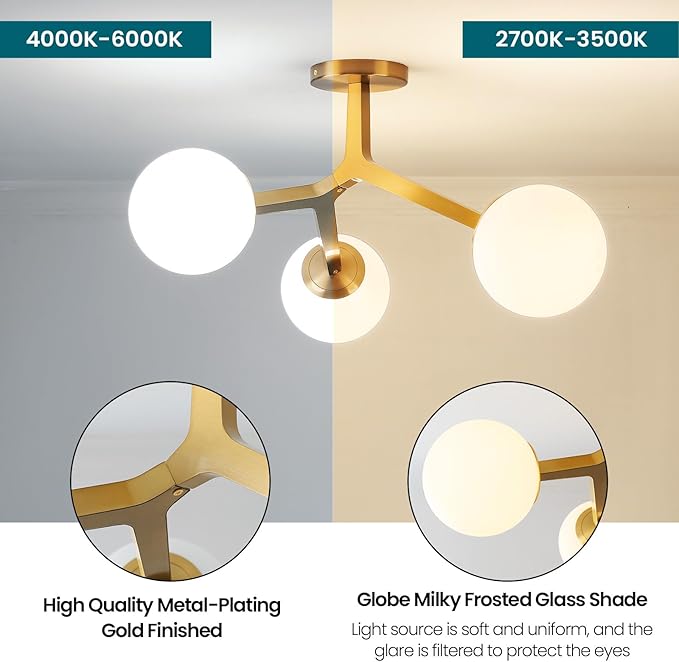 Semi Flush Mount Ceiling Light Fixture 3-Light Modern Gold Sputnik Chandelier with Globe Milky Frosted Glass Shade E12 Sputnik Ceiling Light for Kitchen, Hallway Light Fixtures Ceiling