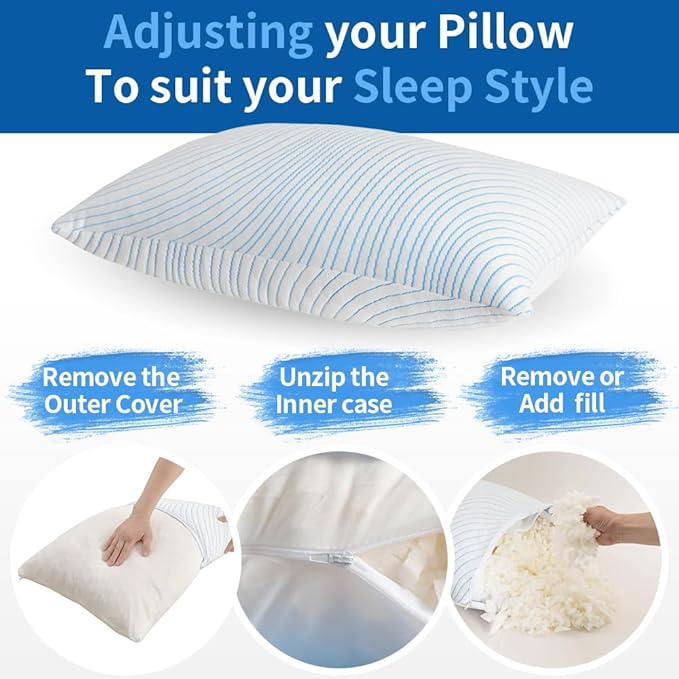 Shredded Memory Foam Pillows Queen Size Set of 2, Cooling Pillows for Sleeping That Stay Cold, Adjustable Firm Pillow for Side Back Stomach Sleepers with Washable Removable Cover