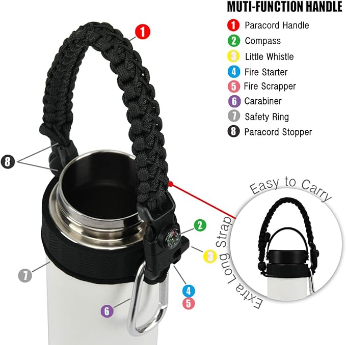 2.0 Paracord Handle for Hydroflask 2.0 Wide & Standard Mouth Water Bottles Carrier with New Ring & Carabiner 12oz, 16oz, 18oz, 20oz, 32oz, 40oz, 64oz (32 oz-40 oz Wide Mouth)