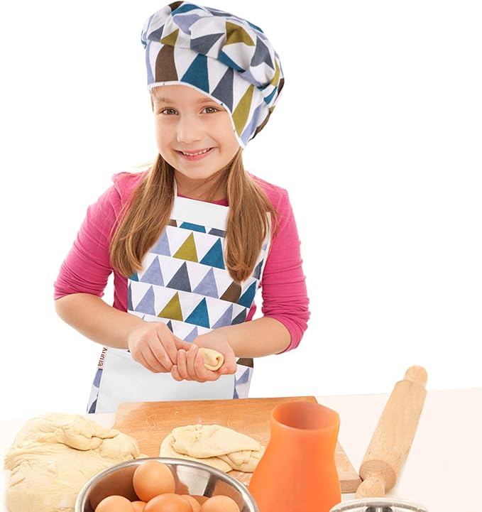 Kids Apron and Chef Hat Set-Adjustable Child Apron for Boys and Girls for Cooking Baking