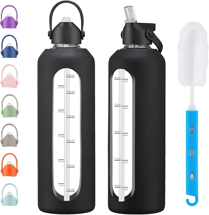 32 oz Glass Water Bottles with Straw Borosilicate Glass Water Bottle with Time Marker Motivational Water Bottles with Silicone Sleeve Leak Proof Reusable BPA Free