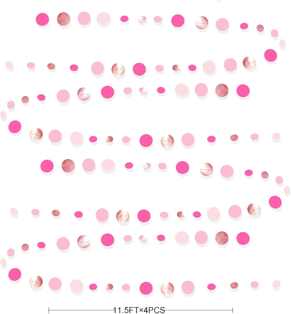Hot Pink Rose Gold Party Decorations Circle Dots Garland Hanging Polka Dot Streamer for Girls Birthday Bachelorette Baby Shower Wedding Bridal Shower Anniversary Hen Party Supplies