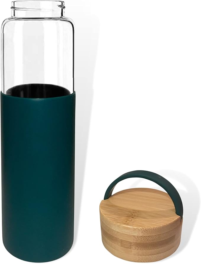 20 oz Borosilicate Glass Water Bottle with Leak-Proof Bamboo Lid and Silicone Handle and Protective Sleeve (TEAL) - BPA Free - Easy to Carry - Dishwasher Safe