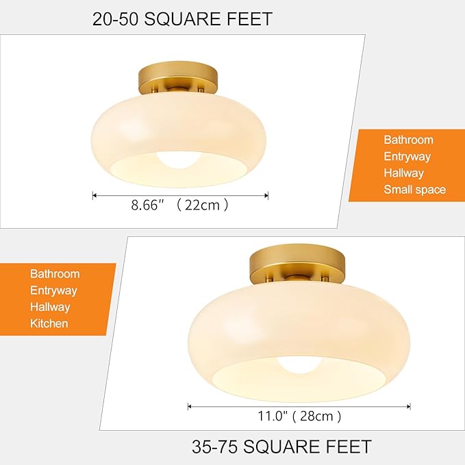 Mid-Century Modern Gold Semi Flush Mount Ceiling Light, Kitchen Ceiling Light Fixture with Glass Shade, Vintage White Close to Ceiling Lamp for Entryway Hallway Bathroom (8.66 Inch)