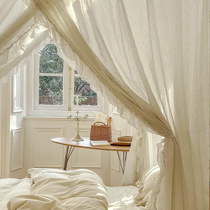 Elegant Modern Linen Princess 4 Corner Post Mosquito Net Romantic for Girls Women Bed Curtain Canopy for Adult Wedding Bedroom Kids Rooms Decoration (White-Beige, California King)