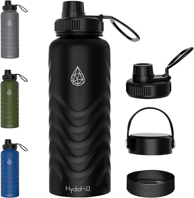 32 oz Insulated Water Bottle - Black Water Bottles with Straw (Spout Lid & Screw Top) & Silicone Boot & Flex Handle - Wide Mouth Stainless Steel Water Bottles - BPA Free - (Black, 1000ml)