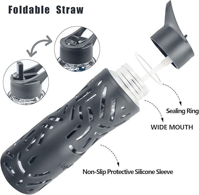 25oz Glass Water Bottles with Silicone Sleeve, 3 Different Lids (BPA Free) for Wide Mouth Glass Drink Bottles for Fitness and Outdoor (Grey)