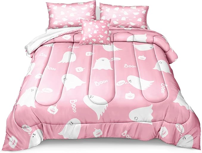 Bedbay Halloween Queen Comforter Pink Cartoon Ghost Comforter Sets for Kids Girls 4 Pcs Soft Microfiber Halloween Bedding Set Cute Halloween Room Decoration(Pink,Queen)