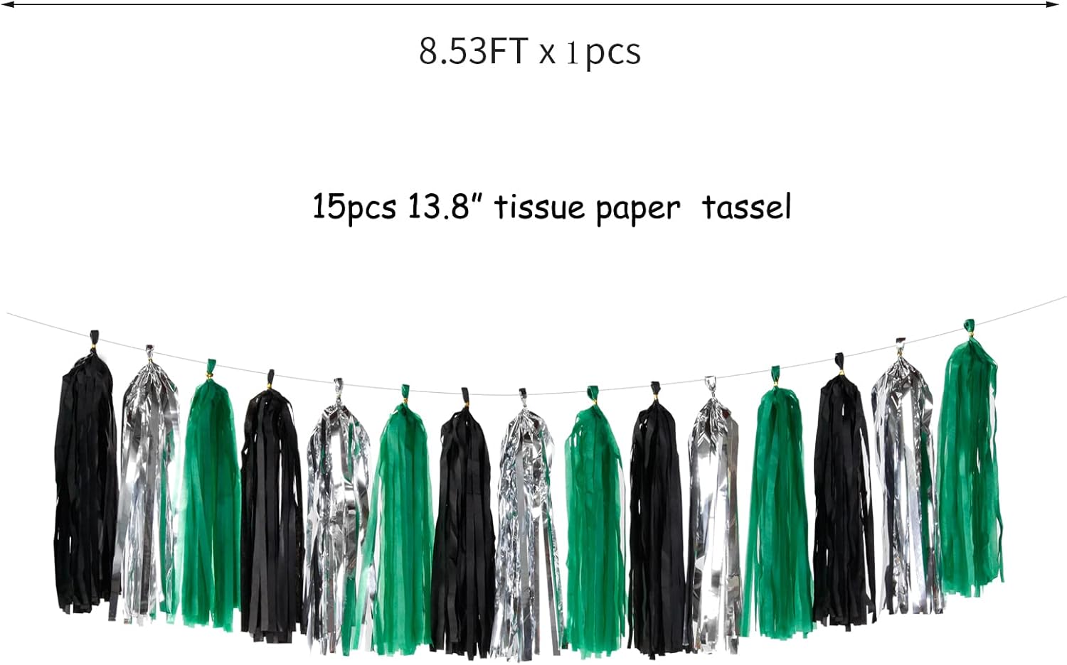 Black Green Silver Tassel Garland - 15pcs Soccer Party Supplies Tassels Graduation Backdrop Decorations Men Boys Birthday Spring Summer Jungle Theme Banner