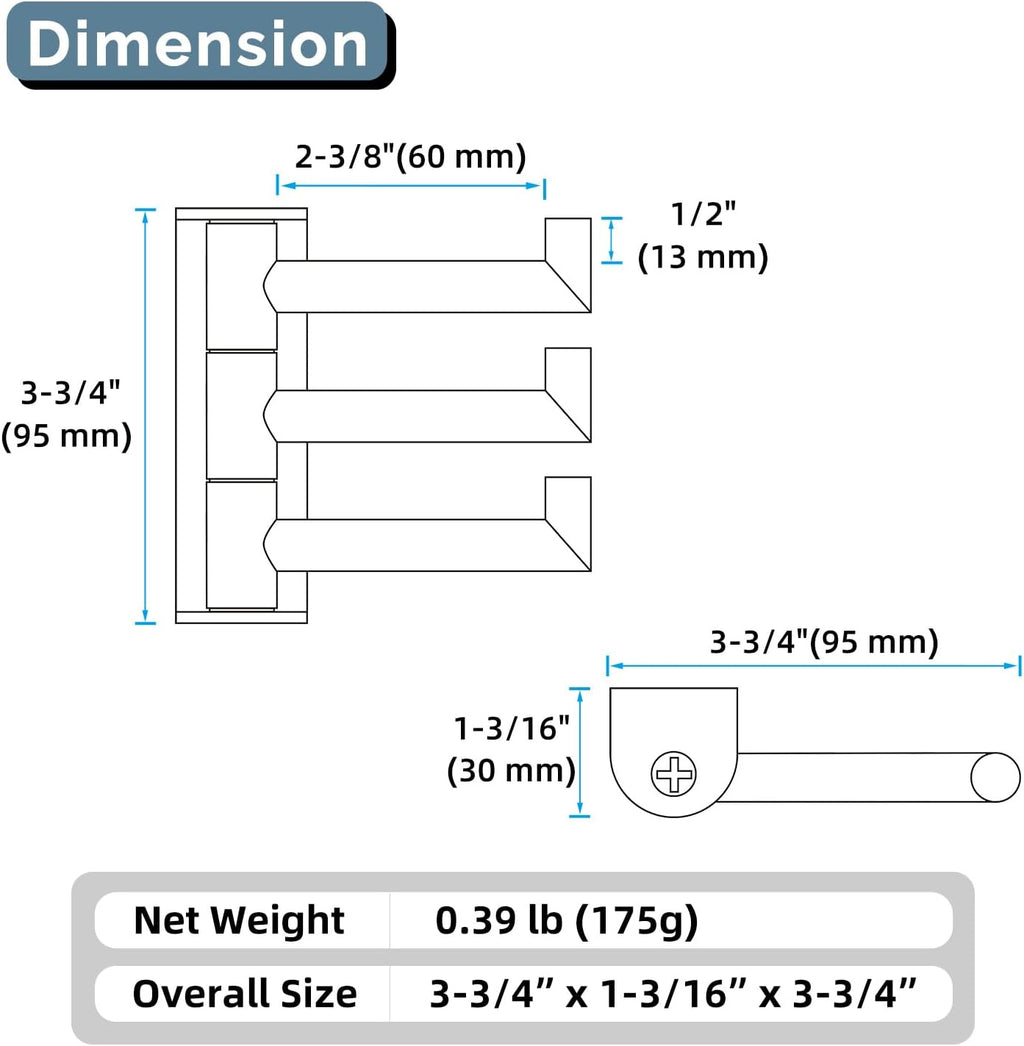 Angle Simple Swivel Towel Hook 3 Arms, SUS 304 Stainless Steel Foldable Bathroom Robe Towel Hook, Wall Coat Holder, Matte Black