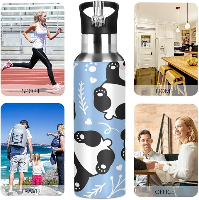 22 OZ Cute Cartoon Panda Water Bottle with Straw - BPA Free Leakproof Stainless Steel Water Bottle for Women Men Water Jug for Fitness Gym Outdoor Sport