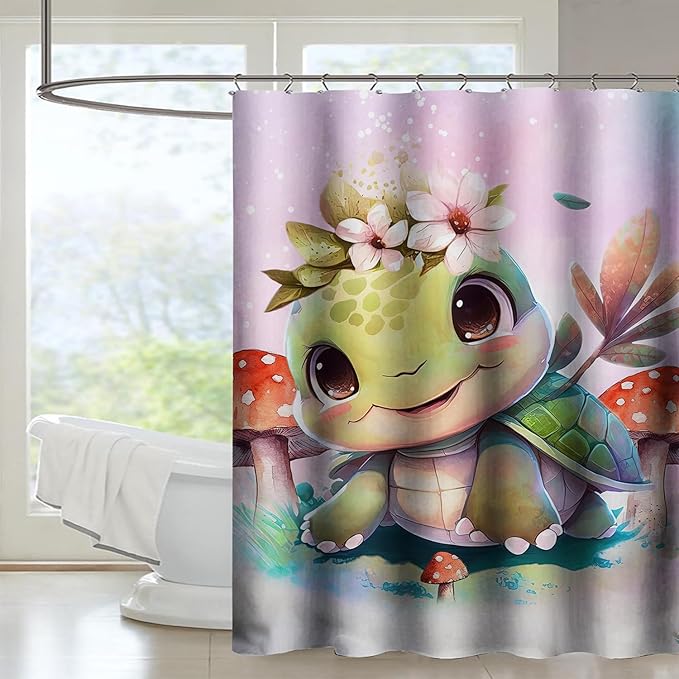 AILONEN Kawaii Sea Turtle Shower Curtain,Tie Die Ocean Animal Themed Bath Curtain Cloth Fabric Bathroom 48" W*72" H Inch,12 Pack Hooks for Kids,Sea Animal with Mushroom Bathroom Curtain