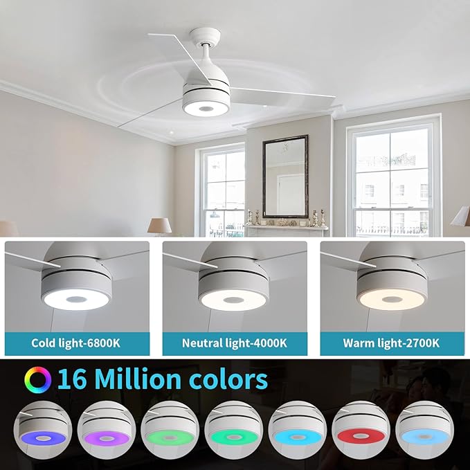 52 Inch Ceiling Fan With RGB Dimming LED Light,With Music Bluetooth Speaker,Remote Control,3-Speed Regulation, Reversible Motor,Timing,For Living room,Bedroom,Restaurant,Outdoor