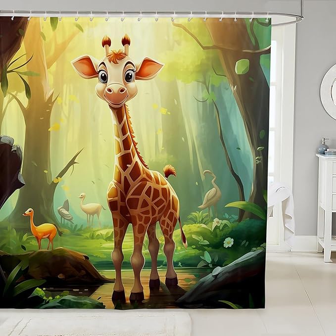 Feelyou Cute Giraffe Fabric Shower Curtain Cartoon Animal Shower Curtain for Teens Wildlife Bathroom Waterproof Accessories with 12 Hooks Wild Animal Curtains,72x78 Inches