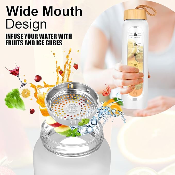 32 Oz Borosilicate Glass Water Bottle with Times to Drink | BPA Free - Reusable Wide Mouth Glass Motivational Water Bottles with Infuser & Silicone Sleeve (white)