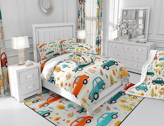 Feelyou Cartoon Car Shower Curtain Boys Girls Luxury Car Fabric Shower Curtain for Kids Colorful Tree Bathroom Waterproof Accessories with 12 Hooks Colorful Car Curtains,72x72 Inches