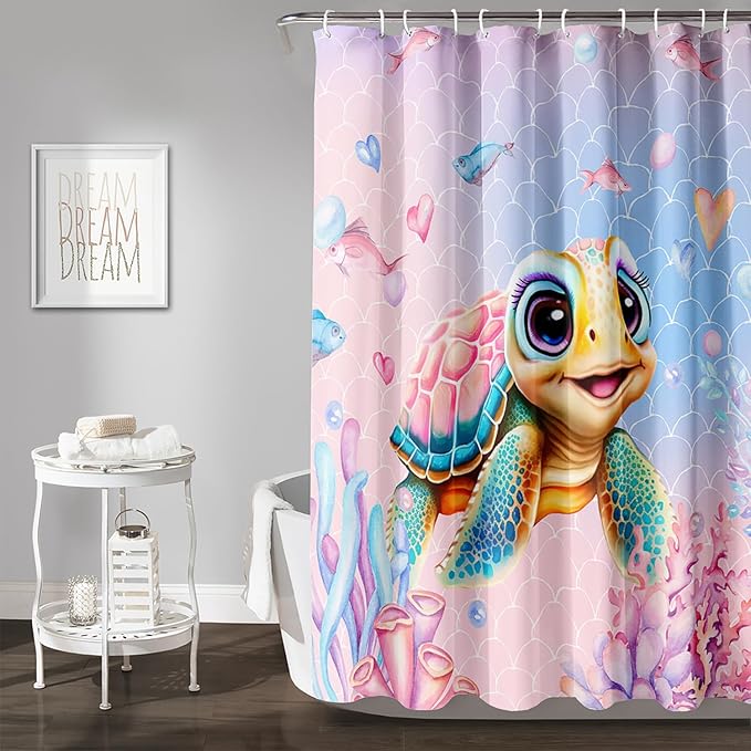AILONEN Kawaii Sea Turtle Shower Curtain,Tie Die Turtle Bath Curtain Cloth Fabric Bathroom 48" W*72" H Inch,12 Pack Hooks for Kids Child,Watercolor Scale Bathroom Curtain