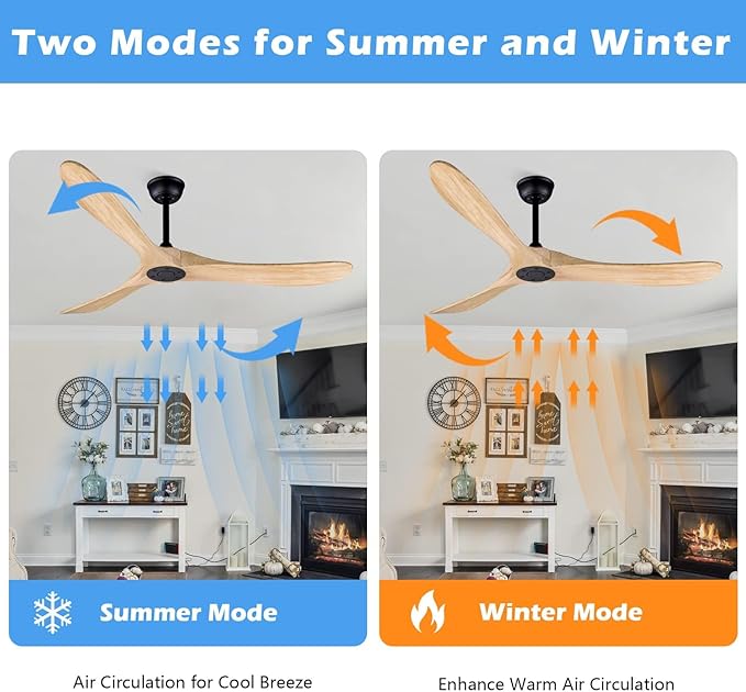 Bigzone 60" Outdoor Ceiling Fan No Light, DC Motor Quiet Energy Saving,3 Balsa Wood Blades, Wood Ceiling Fan With Remote Control,Reversible Blades