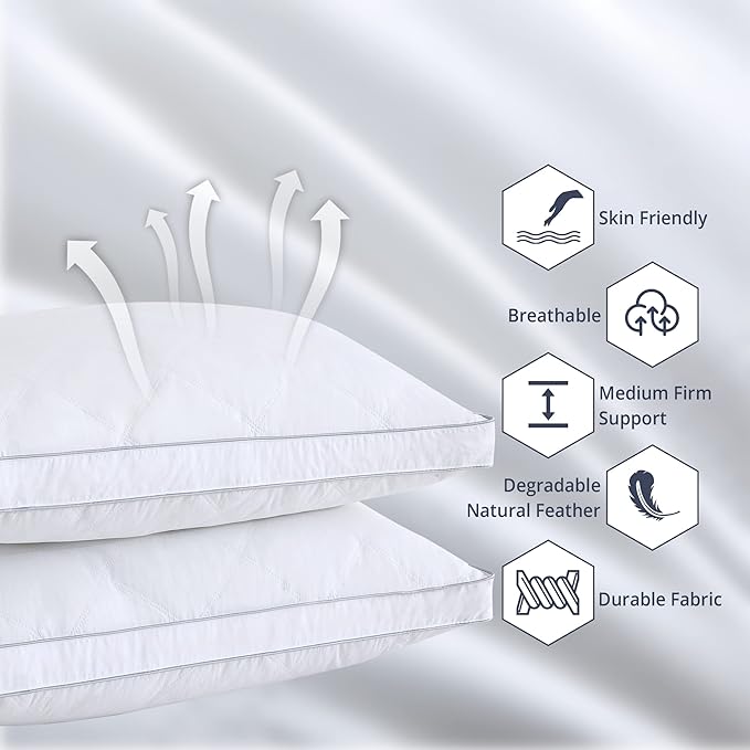 puredown®Goose Feathers Down and Fiber Pillows - Made in USA Soft Fluffy Medium Firm Hotel Pillow, 100% Cotton Cover, Luxury Bed Pillows King Size Set of 2 for Back, Stomach or Side Sleeper.