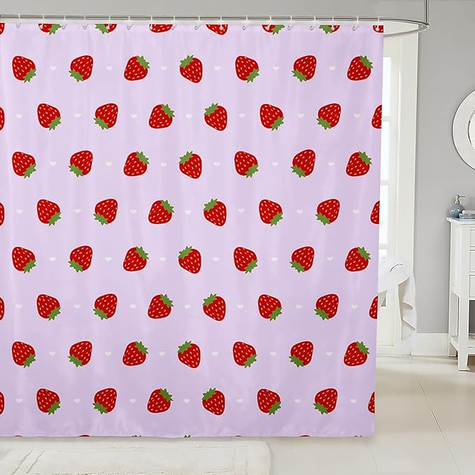 Feelyou Strawberry Fabric Shower Curtain Kawaii Fruit Shower Curtain for Kids Boys Girls Cute Bathroom Waterproof Accessories with 12 Hooks Kawaii Lovely Curtains,72x78 Inches
