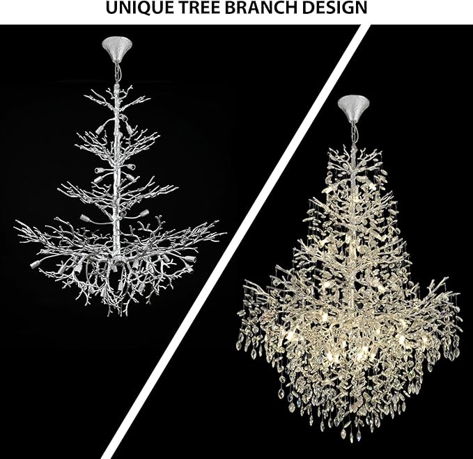 H65'' Silver Crystal High Ceilings Chandelier Staircase Chandeliers Modern Crystal Tree Branch Chandelier, D48'' Foyer Chandelier for High Ceiling Luxury Large Living Room Chandelier, 27-Lights