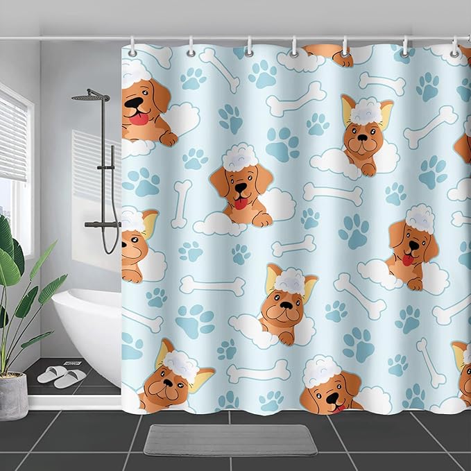 AILONEN Cute Dog Shower Curtain,Cute Bulldog Labrador Dog Print Shower Curtain, 72" W*78" H Waterproof Happy Shower Puppy Dog Lover Curtain with Grommets and 12 Hooks