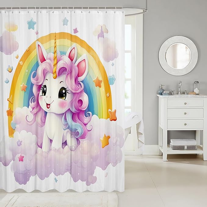 Feelyou Cute Unicorn Fabric Shower Curtain Kids Rainbow Bathroom Waterproof Accessories with 12 Hooks for Boys Girls Bright Colorful Shower Curtain Star Cloud Curtains,72x84 Inches