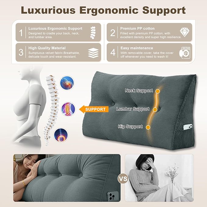 Headboard Pillow - Queen-Sized Headboard Wedge Pillow for Daybeds and Bunk Beds - Durable, Comfortable, with Removable Velvet Cover (Dark gray, 59x20x8Inches)