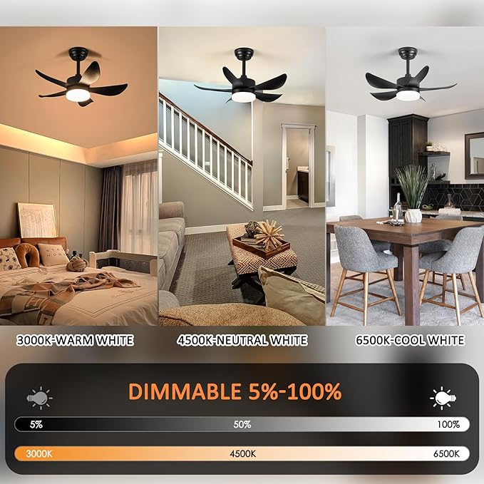 Black Ceiling Fans with Lights, 32" Dimmable LED Ceiling Fan with Light and Remote, Modern Ceiling Fans for Bedroom Kitchen Patio, Memory & Night Light, Quiet DC Motor, Reversible
