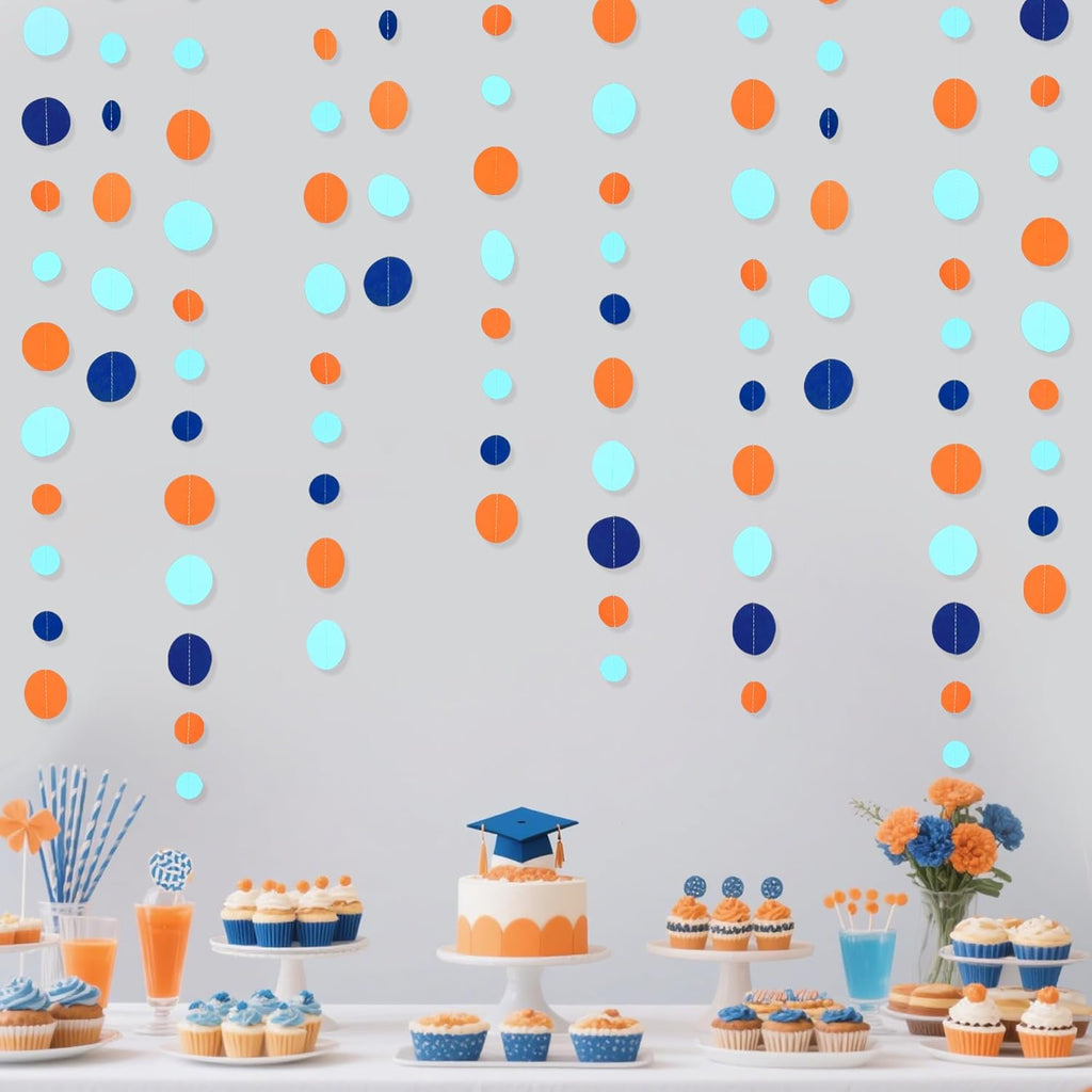 46 Ft Navy Blue Orange and Teal Circle Dots Garland Royal Blue Orange Aqua Polka Dot Hanging Paper Streamer for Birthday Wedding Bridal Baby Shower Outer Space Galaxy Theme Party Decorations Supplies