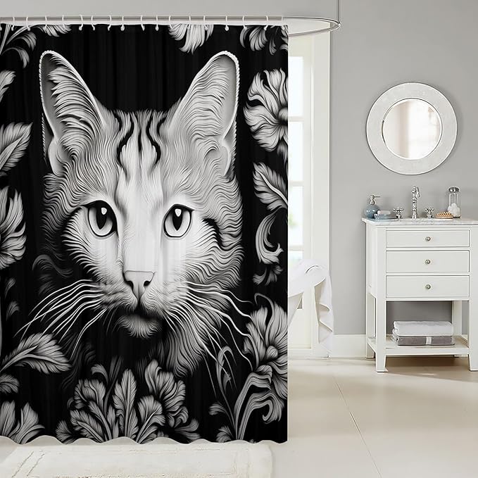 Feelyou Cute Cat Shower Curtain Kids Black White Cat Fabric Shower Curtain 3D Print Bathroom Waterproof Accessories with 12 Hooks for Women Men Flower Pattern Curtains,72x78 Inches