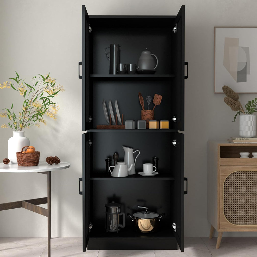 Black Rattan Kitchen Pantry, 71" Tall Storage Cabinet with Doors, Boho Hutch for Dining Room