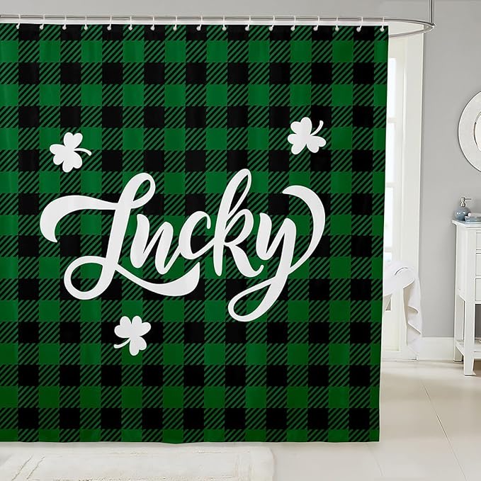 Happy St. Patrick's Day Kids Shower Curtains,Leaf Irish Holiday Bathroom Curtains for Girls Boys,Geometric Grids Checkered Patchwork Green Retro Waterproof Curtains,12 Hooks Suits,72"W x 72"L