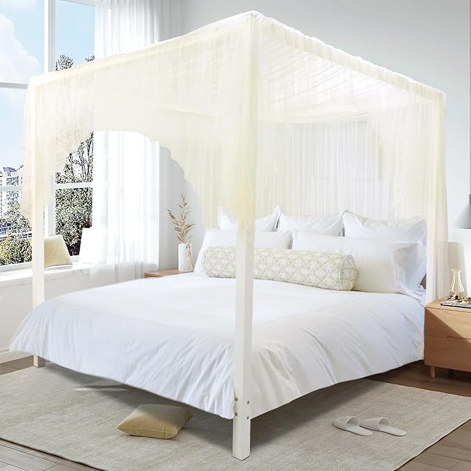 tupi Beige Canopy Bed Curtains for King/Queen/Full Size, 4 Poster Bed Canopy, Elegant Bed Drapes Bedroom Decor, Ultra Ripstop Polyester, Easy Installation